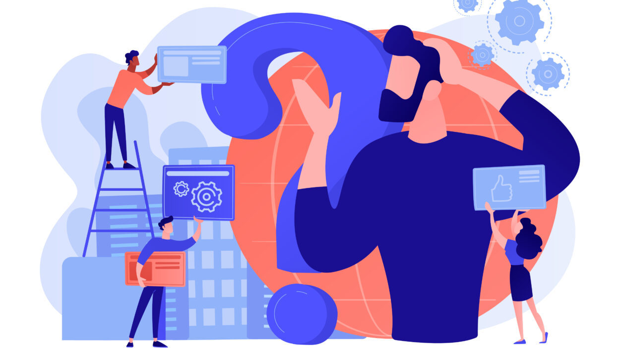 Why Thinking Like A Geologist Makes You A Better Communicator: The Systems Thinking Lesson You Don’t Want to Miss Illustration of a confused person surrounded by a team offering solutions, icons of gears and thumbs-up, symbolizing systems thinking and problem-solving.