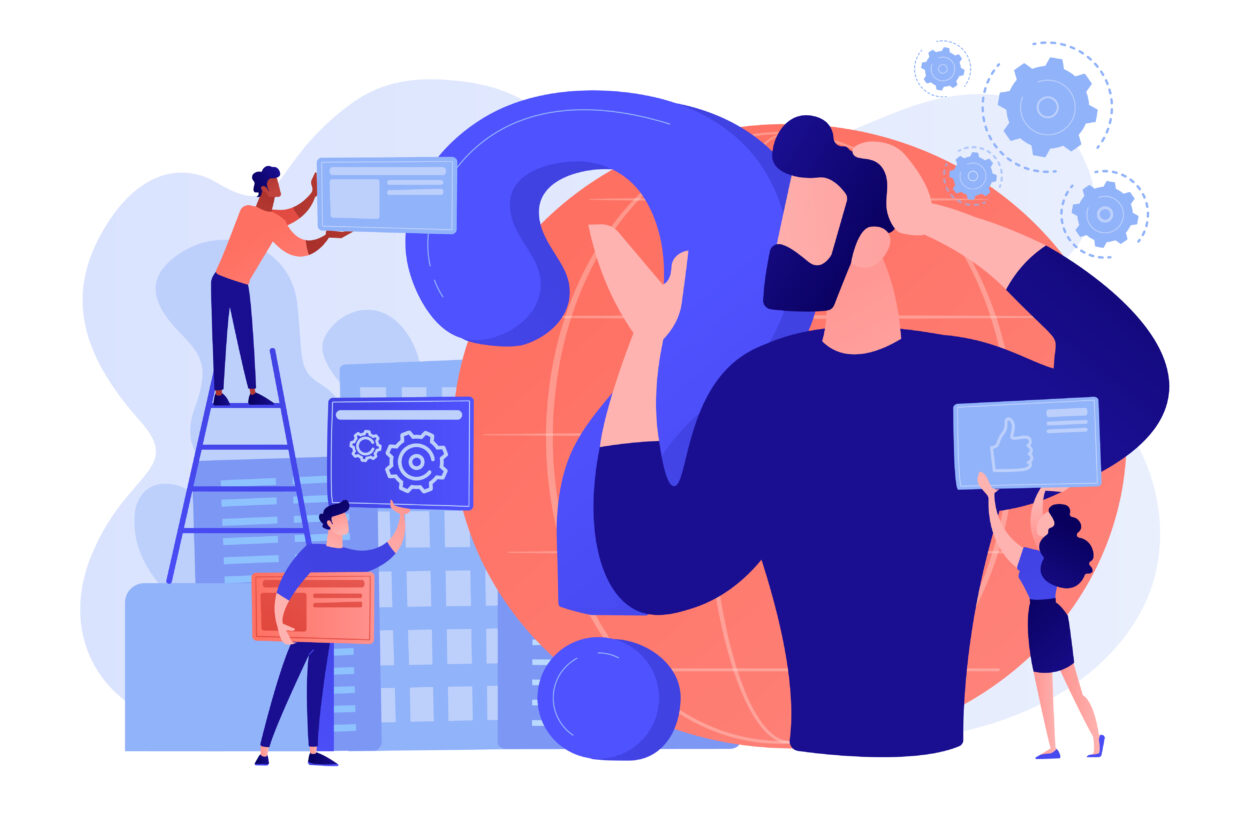 Why Thinking Like A Geologist Makes You A Better Communicator: The Systems Thinking Lesson You Don’t Want to Miss Illustration of a confused person surrounded by a team offering solutions, icons of gears and thumbs-up, symbolizing systems thinking and problem-solving.