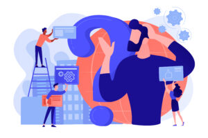 Illustration of a confused person surrounded by a team offering solutions, icons of gears and thumbs-up, symbolizing systems thinking and problem-solving.